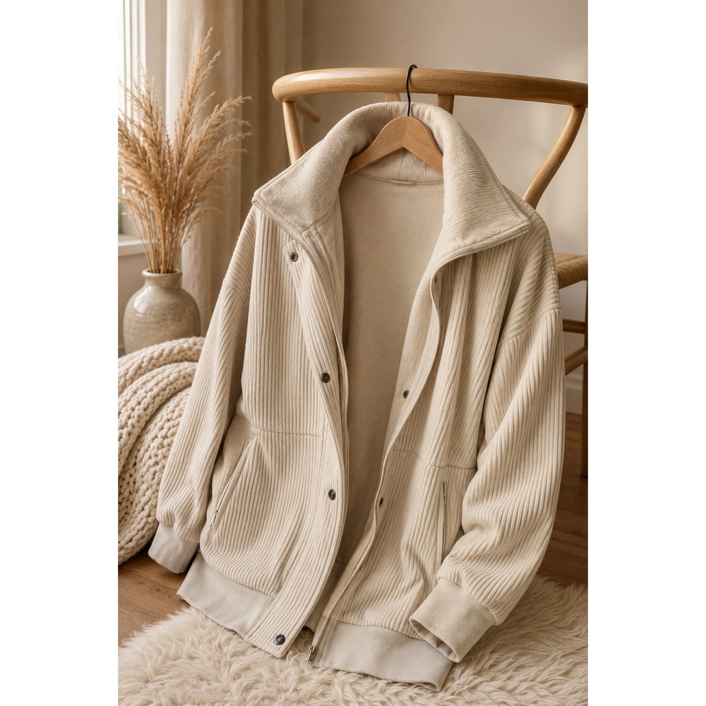 MPG Oversized Ribbed Cozy Jacket M Beige Funnel Neck Slouchy Layering M